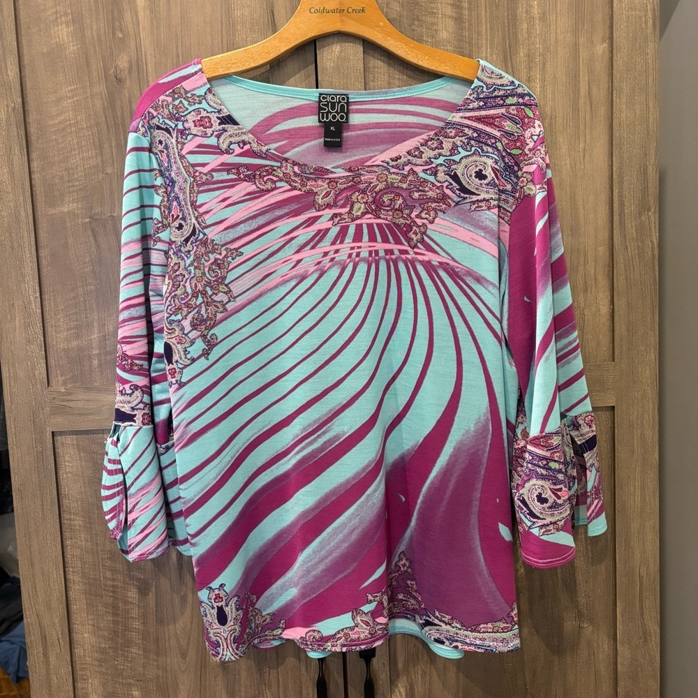 CLARA SUNWOO Teal and Magenta Paisley Print Long Sleeve Top
